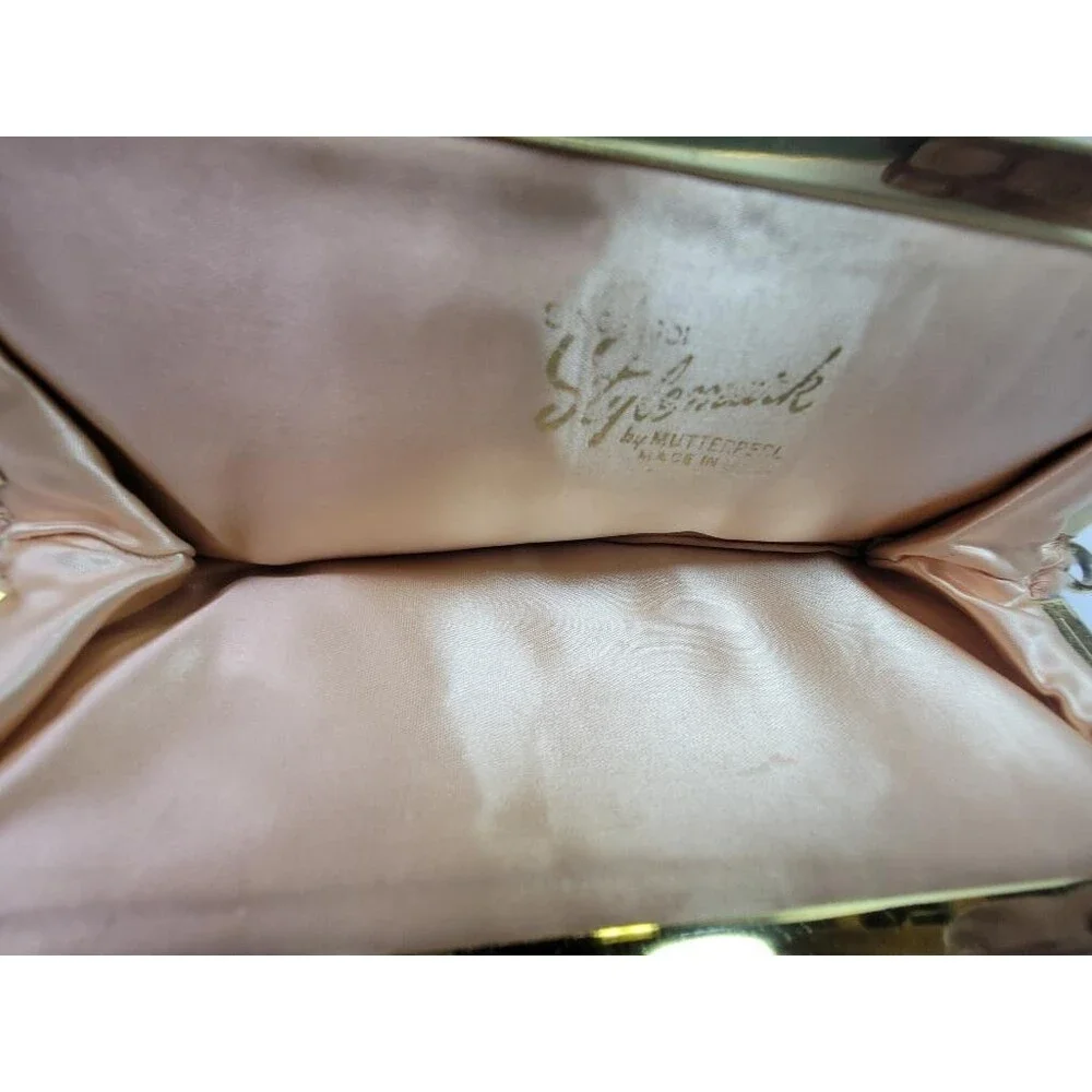 Vintage Stylemark by Mutterperl Black Satin Clutch Purse Gold Faux Pearl Clasp